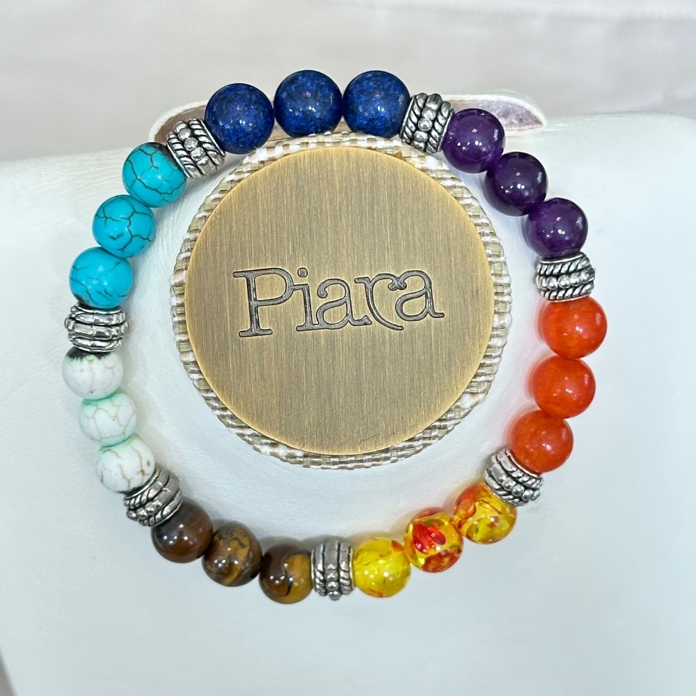 Multicolor 7 stone chakra stretchy bracelet w/silver tone spacer beads